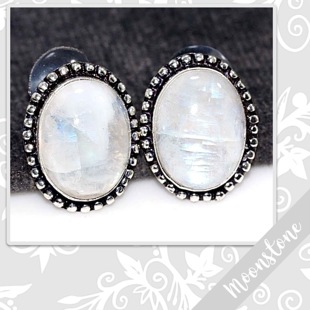 Rainbow Moonstone Silver Artisan Stud Earrings, 0.9” (Pearl White, Blue-Violet)